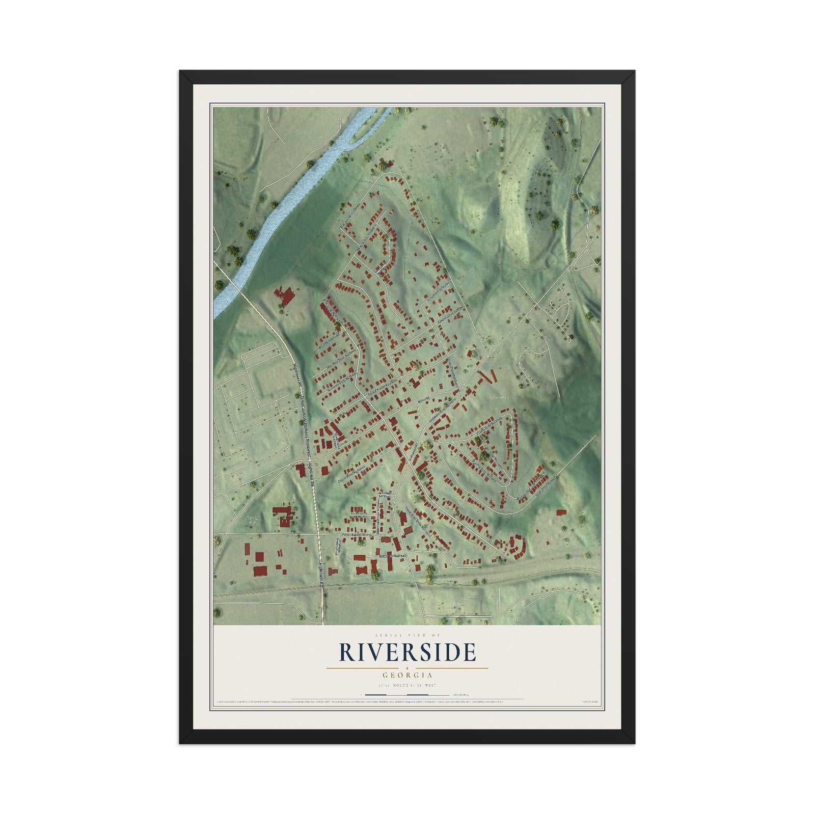 Riverside, Georgia map print, 12" x 18" W/ Black Ayous Wood Frame mockup
