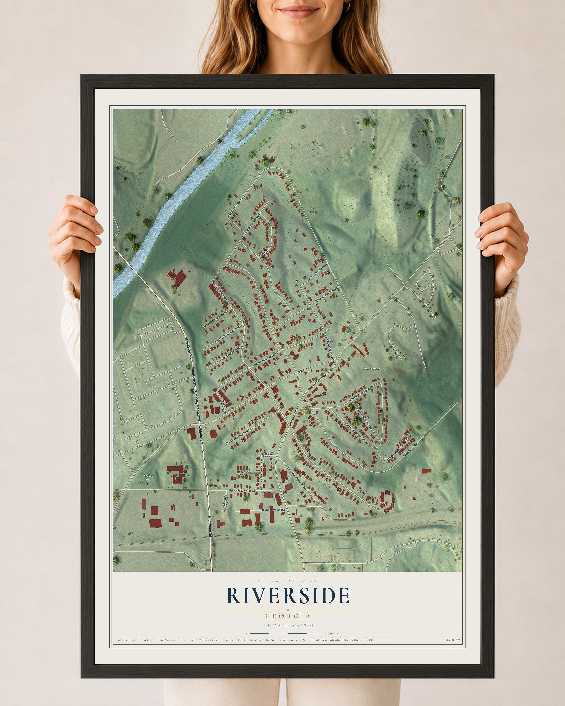 Riverside, Georgia map print, 24" x 36" W/ Black Ayous Wood Frame mockup
