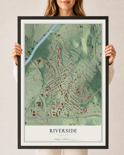 Riverside, Georgia map print, 24" x 36" W/ Black Ayous Wood Frame mockup
