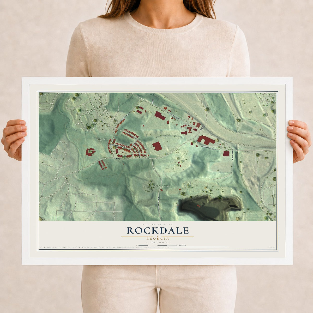 Rockdale, Georgia map print, 12" x 18" W/ White Ayous Wood Frame mockup