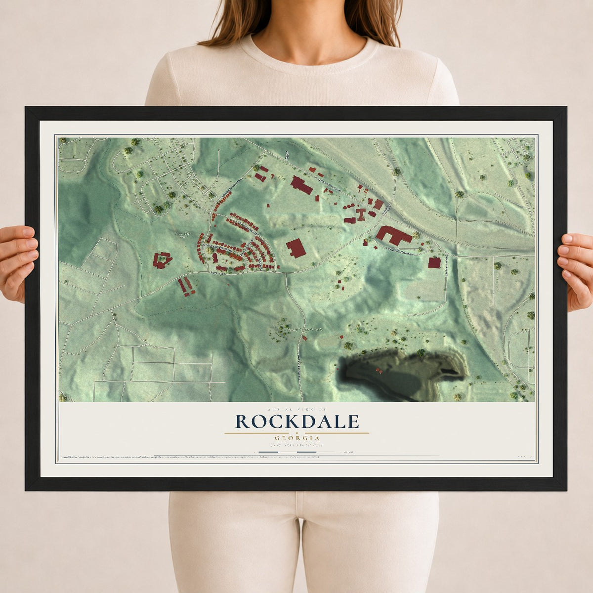 Rockdale, Georgia map print, 18" x 24" W/ Black Ayous Wood Frame mockup