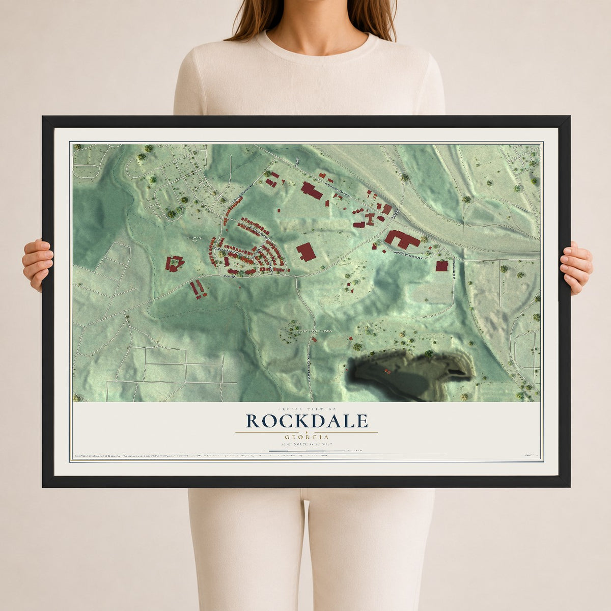 Rockdale, Georgia map print, 24" x 36" W/ Black Ayous Wood Frame mockup