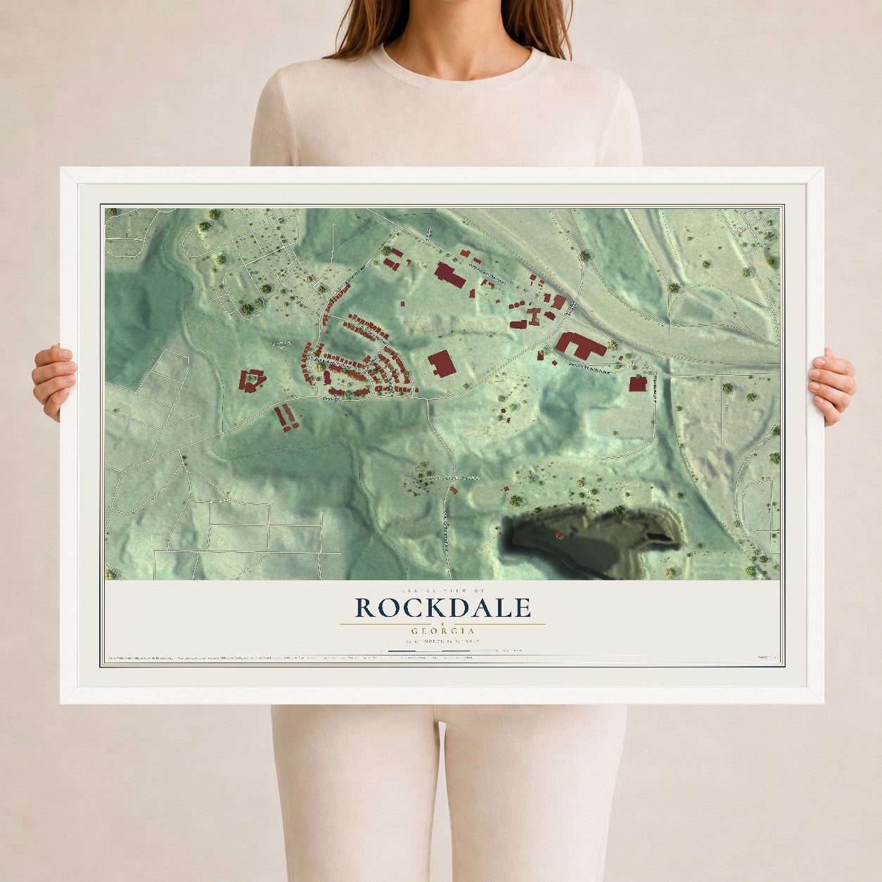 Rockdale, Georgia map print, 24" x 36" W/ White Ayous Wood Frame mockup