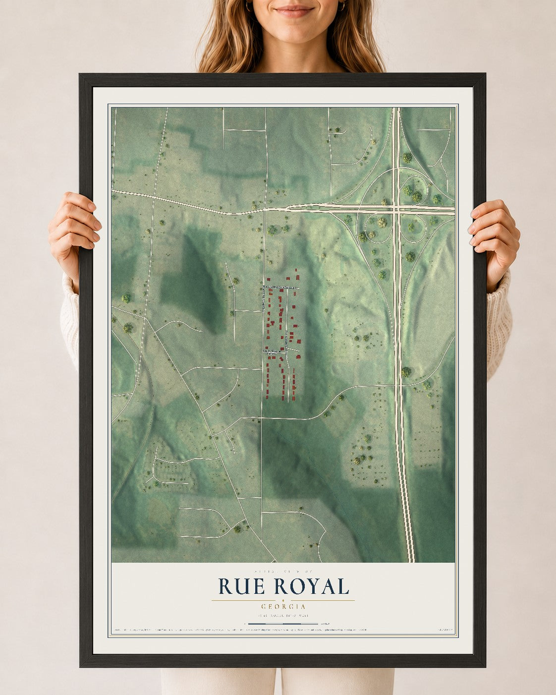 Rue Royal, Georgia map print, 24" x 36" W/ Black Ayous Wood Frame mockup