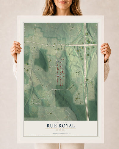 Rue Royal, Georgia map print, 24" x 36" W/ White Ayous Wood Frame mockup
