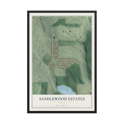 Sandlewood Estates, Georgia map print, 12" x 18" W/ Black Ayous Wood Frame mockup