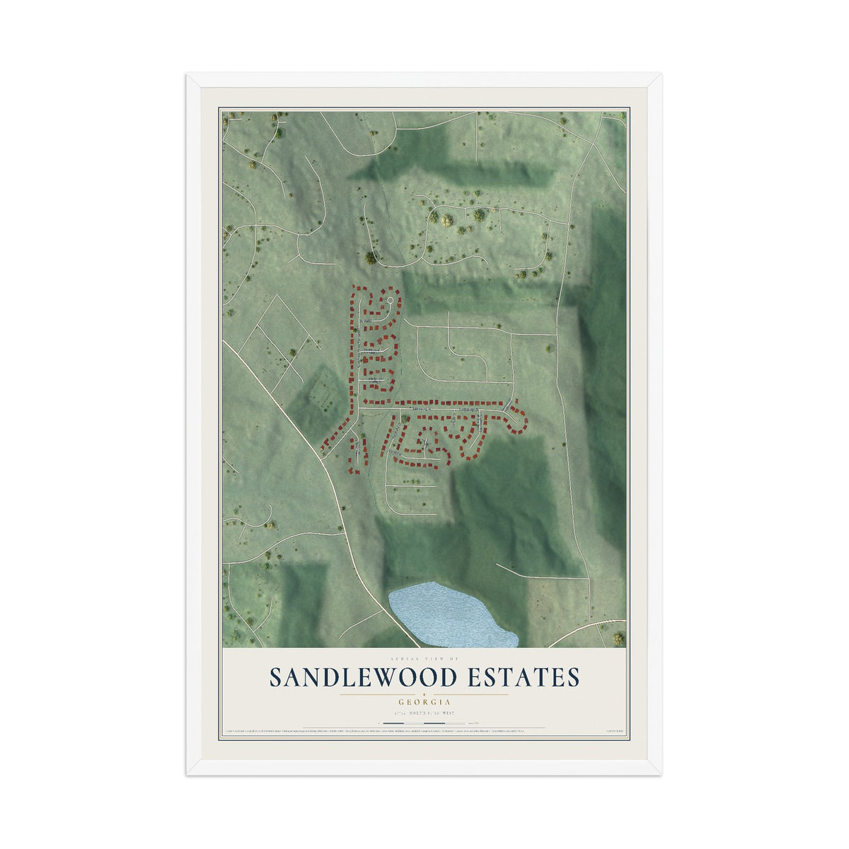 Sandlewood Estates, Georgia map print, 12" x 18" W/ White Ayous Wood Frame mockup