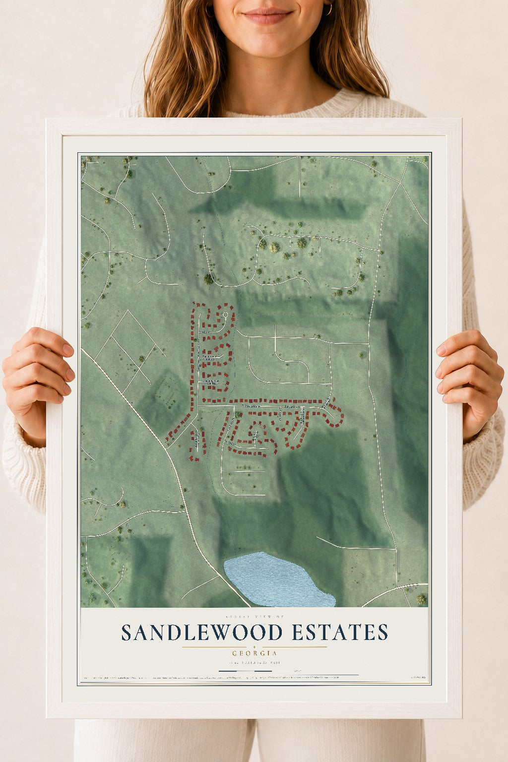 Sandlewood Estates, Georgia map print, 18" x 24" W/ White Ayous Wood Frame mockup