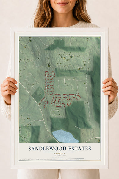 Sandlewood Estates, Georgia map print, 18" x 24" W/ White Ayous Wood Frame mockup