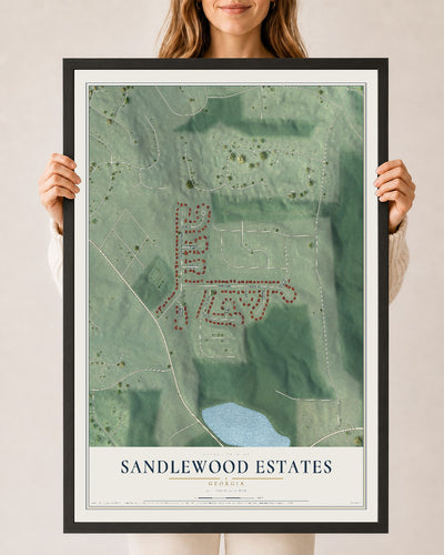 Sandlewood Estates, Georgia map print, 24" x 36" W/ Black Ayous Wood Frame mockup