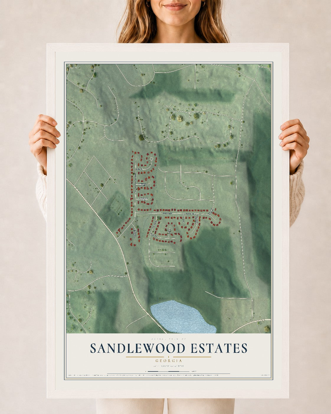 Sandlewood Estates, Georgia map print, 24" x 36" W/ White Ayous Wood Frame mockup