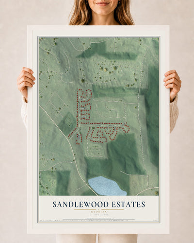 Sandlewood Estates, Georgia map print, 24" x 36" W/ White Ayous Wood Frame mockup