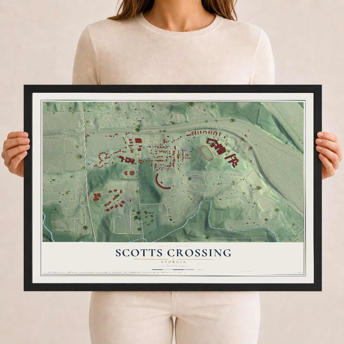 Scotts Crossing, Georgia map print, 12" x 18" W/ Black Ayous Wood Frame mockup