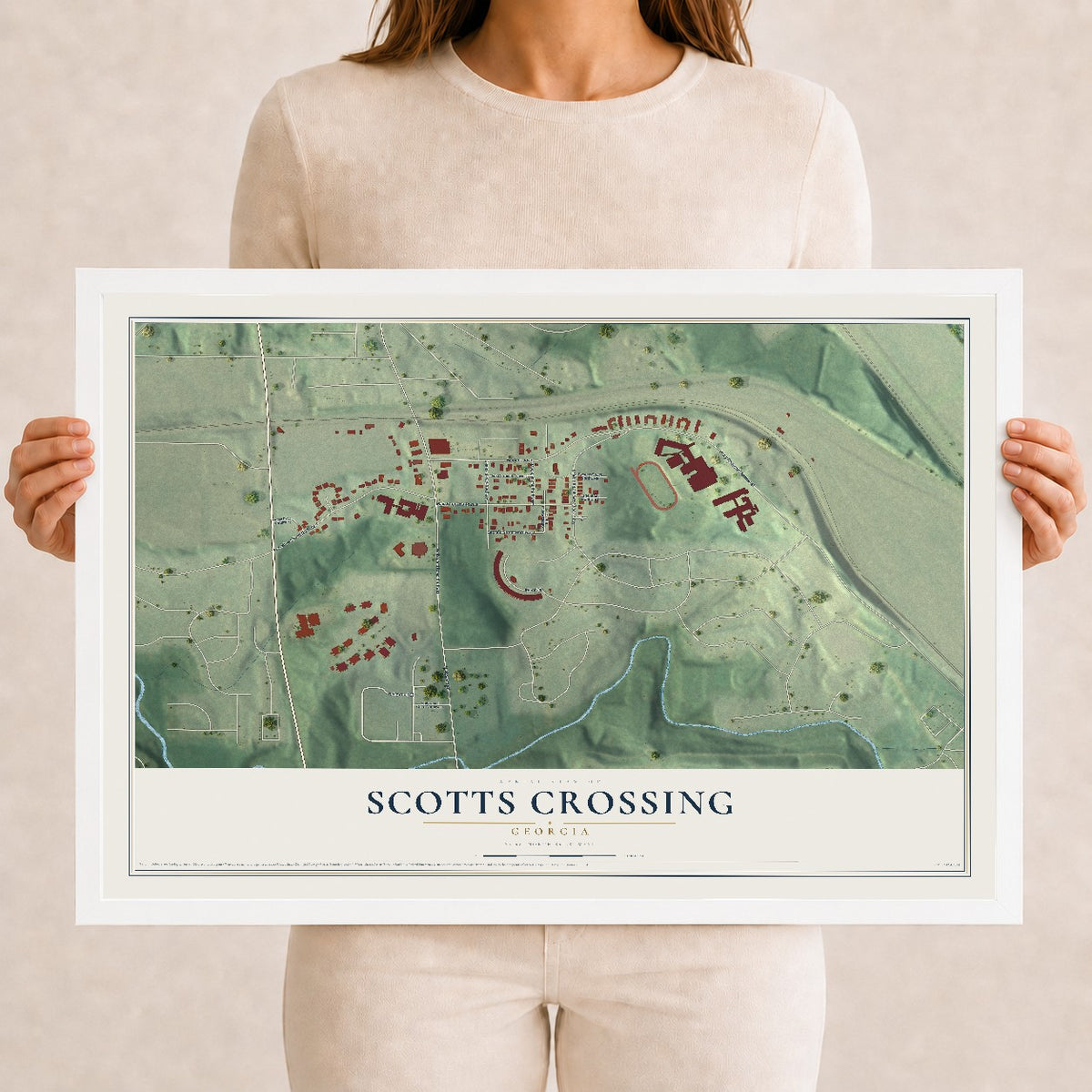 Scotts Crossing, Georgia map print, 12" x 18" W/ White Ayous Wood Frame mockup