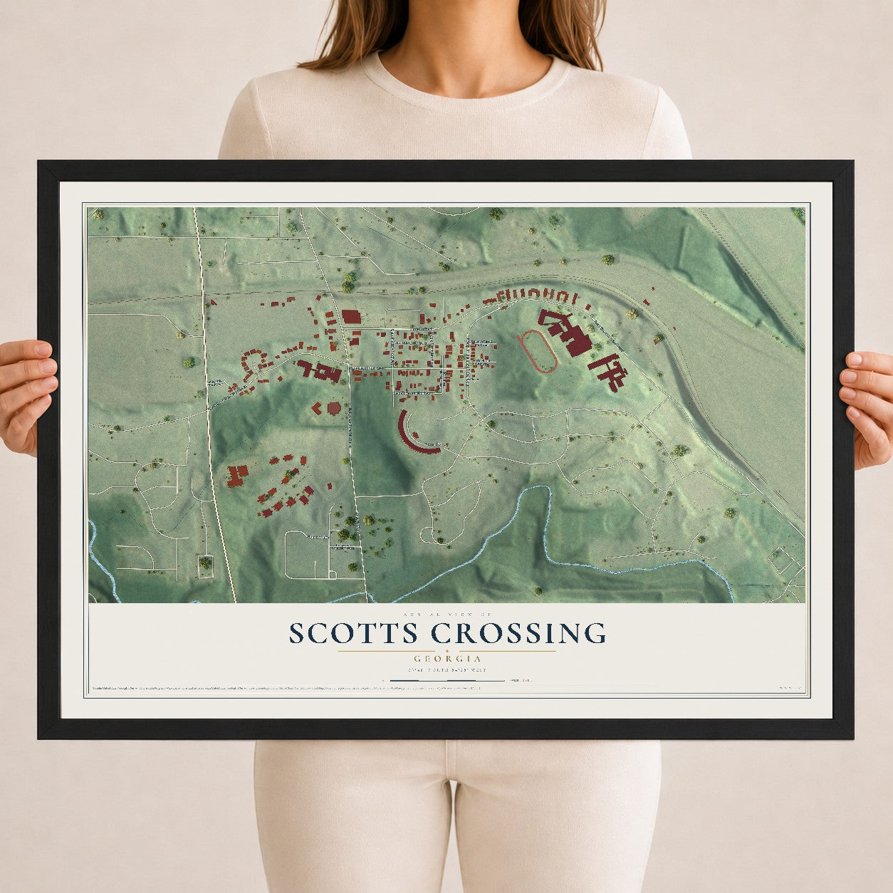 Scotts Crossing, Georgia map print, 18" x 24" W/ Black Ayous Wood Frame mockup