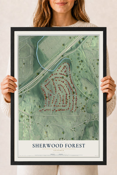 Sherwood Forest, Georgia map print, 18" x 24" W/ Black Ayous Wood Frame mockup