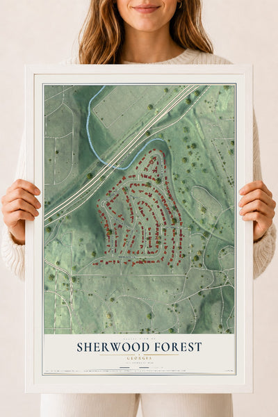 Sherwood Forest, Georgia map print, 18" x 24" W/ White Ayous Wood Frame mockup