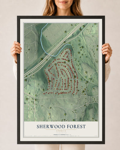 Sherwood Forest, Georgia map print, 24" x 36" W/ Black Ayous Wood Frame mockup