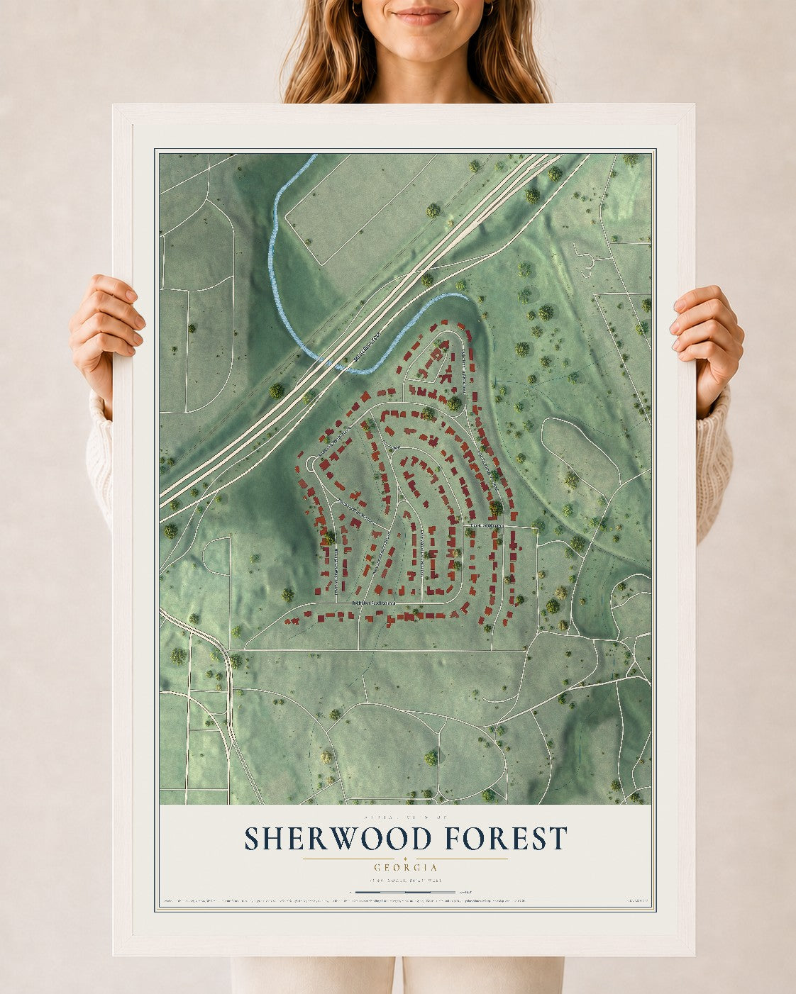 Sherwood Forest, Georgia map print, 24" x 36" W/ White Ayous Wood Frame mockup
