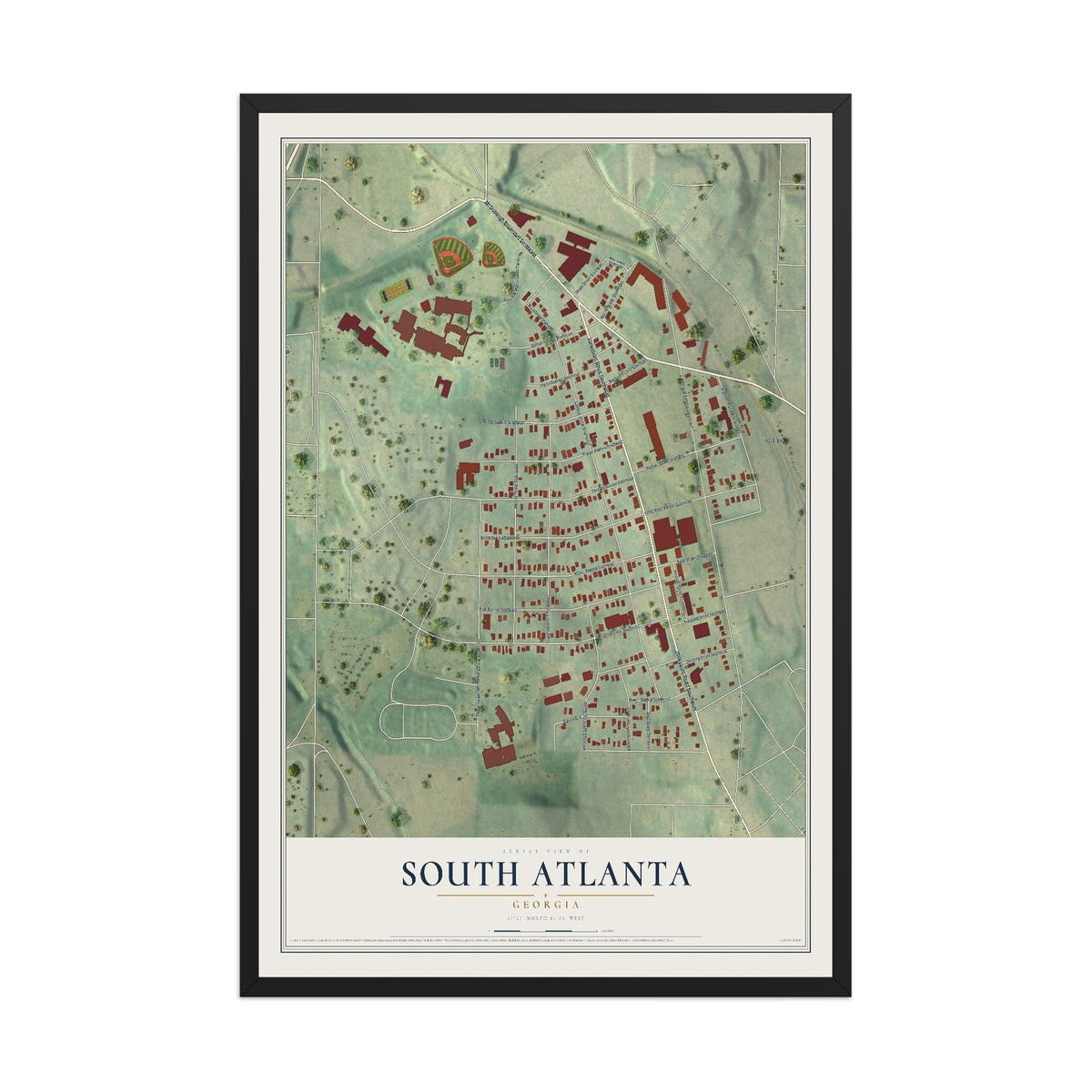 South Atlanta, Georgia map print, 12" x 18" W/ Black Ayous Wood Frame mockup