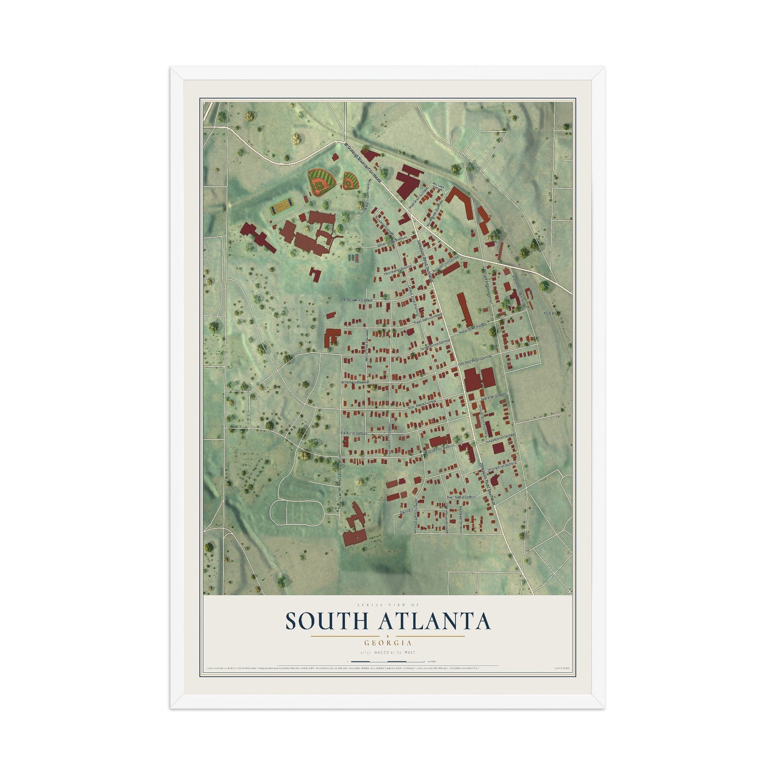 South Atlanta, Georgia map print, 12" x 18" W/ White Ayous Wood Frame mockup