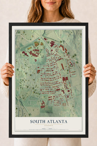 South Atlanta, Georgia map print, 18" x 24" W/ Black Ayous Wood Frame mockup