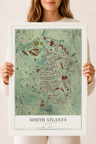 South Atlanta, Georgia map print, 18" x 24" W/ White Ayous Wood Frame mockup