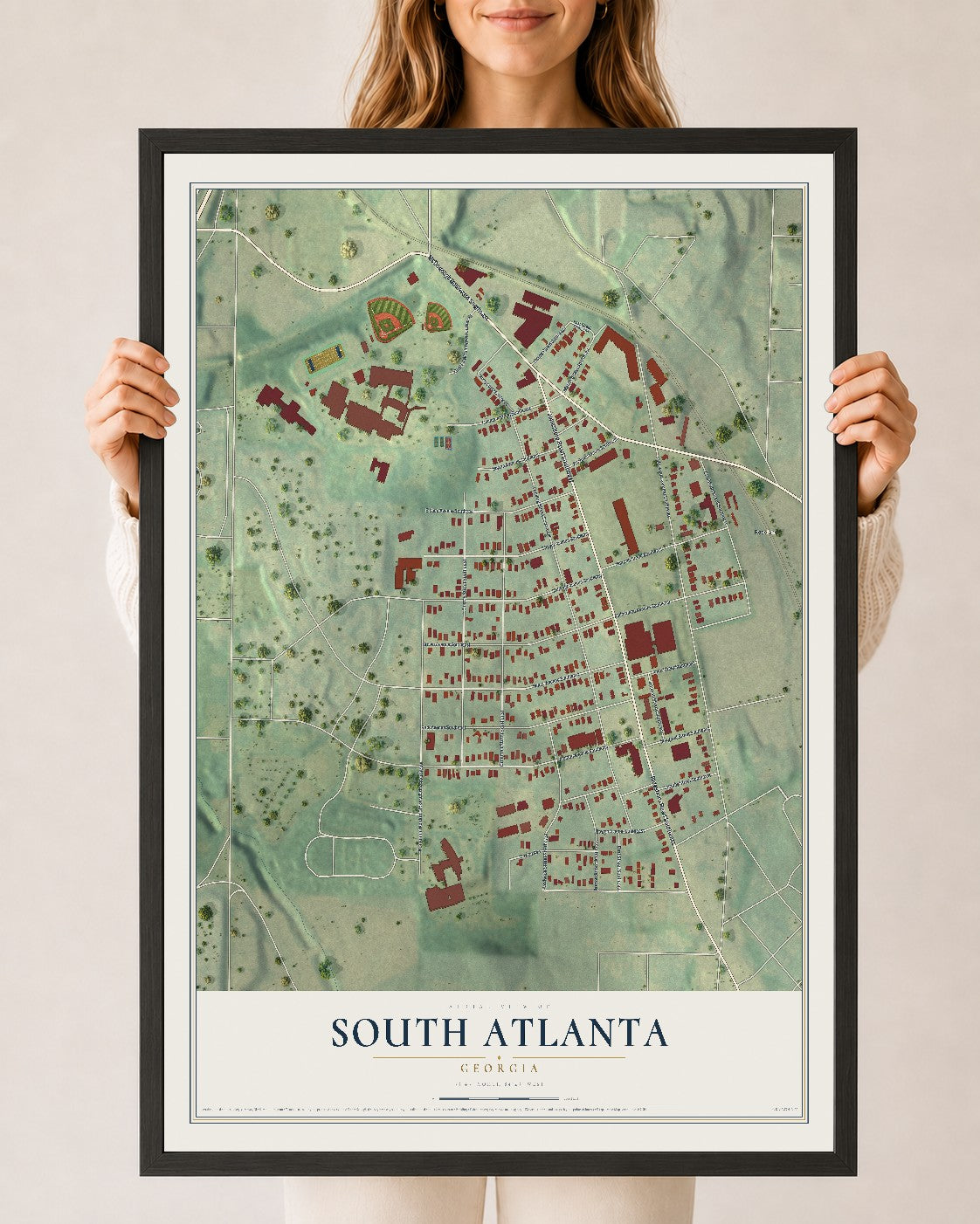 South Atlanta, Georgia map print, 24" x 36" W/ Black Ayous Wood Frame mockup