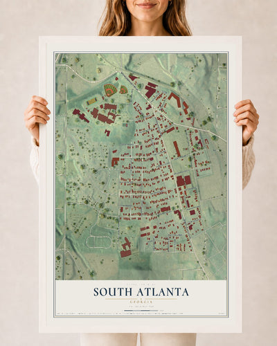 South Atlanta, Georgia map print, 24" x 36" W/ White Ayous Wood Frame mockup