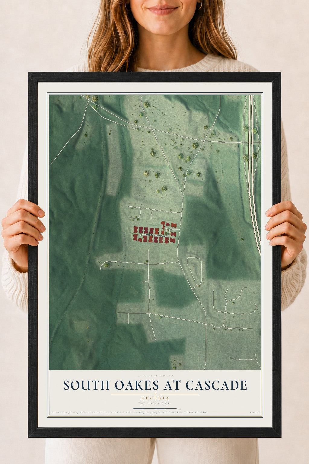 South Oakes at Cascade, Georgia map print, 18" x 24" W/ Black Ayous Wood Frame mockup