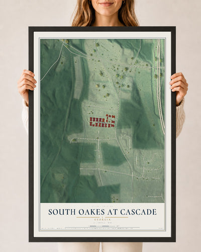 South Oakes at Cascade, Georgia map print, 24" x 36" W/ Black Ayous Wood Frame mockup