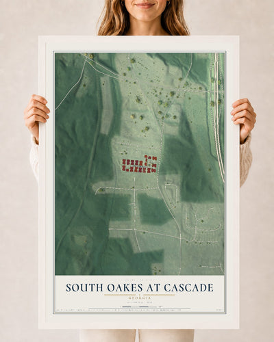 South Oakes at Cascade, Georgia map print, 24" x 36" W/ White Ayous Wood Frame mockup