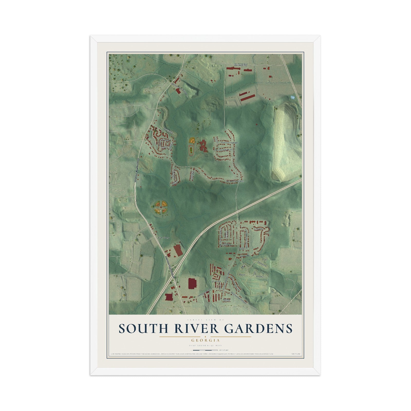 South River Gardens, Georgia map print, 12" x 18" W/ White Ayous Wood Frame mockup