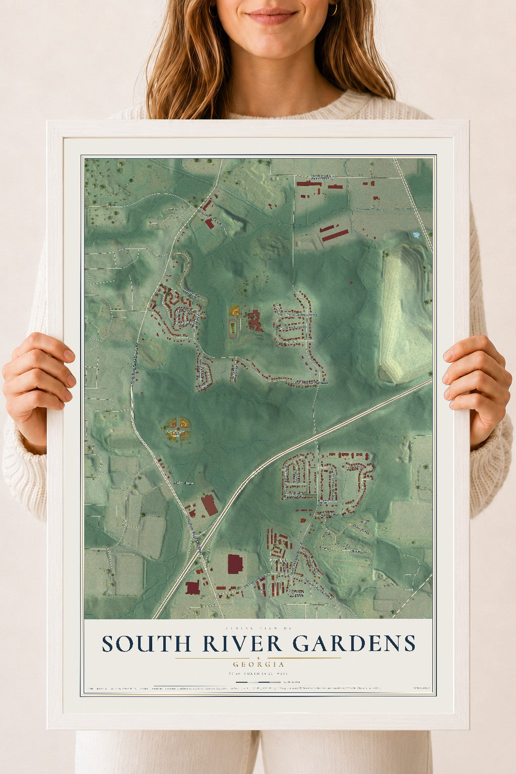 South River Gardens, Georgia map print, 18" x 24" W/ White Ayous Wood Frame mockup