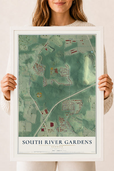 South River Gardens, Georgia map print, 18" x 24" W/ White Ayous Wood Frame mockup