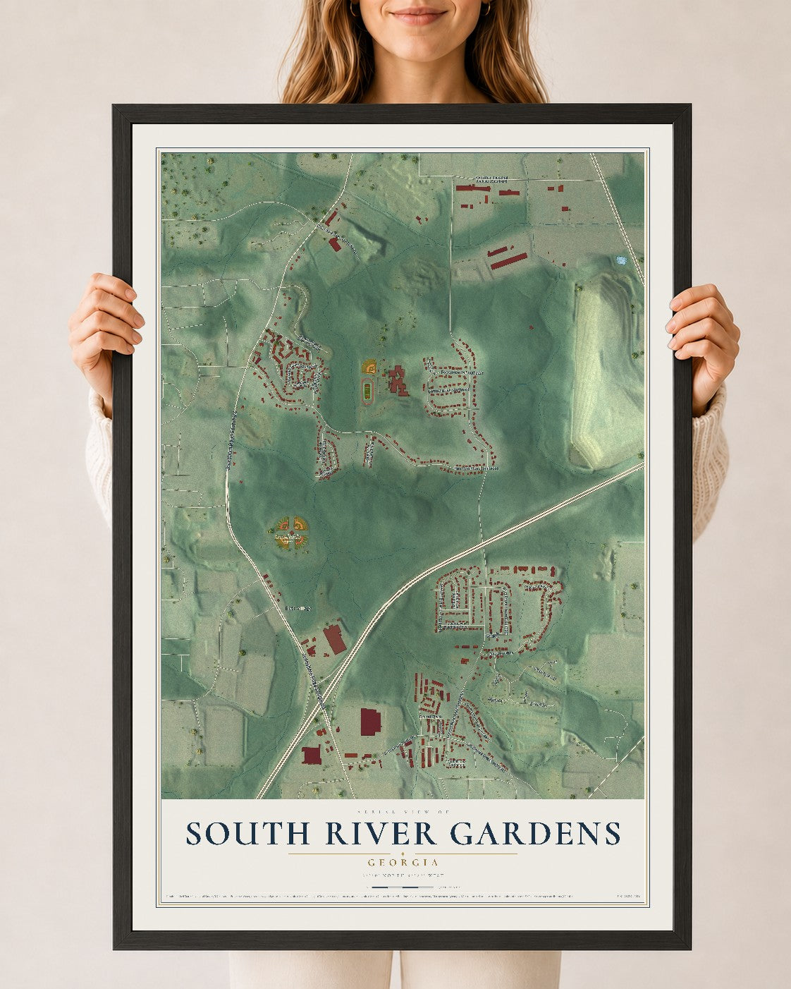 South River Gardens, Georgia map print, 24" x 36" W/ Black Ayous Wood Frame mockup