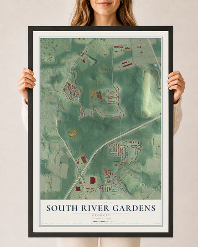South River Gardens, Georgia map print, 24" x 36" W/ Black Ayous Wood Frame mockup