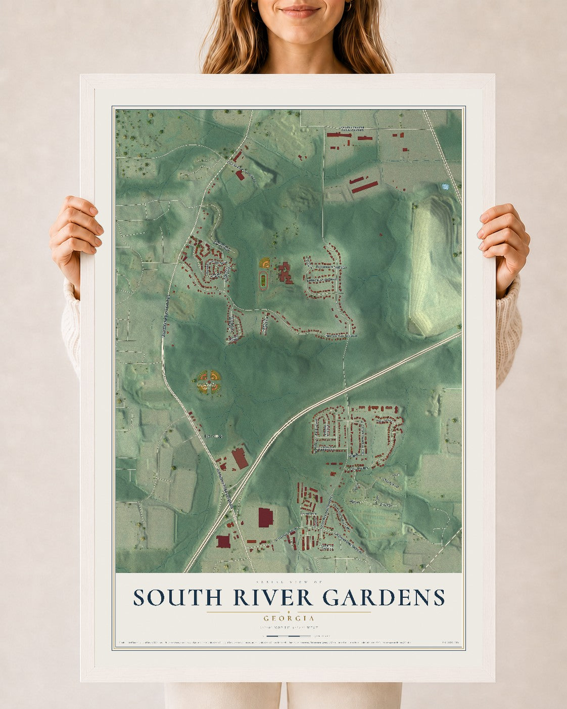 South River Gardens, Georgia map print, 24" x 36" W/ White Ayous Wood Frame mockup
