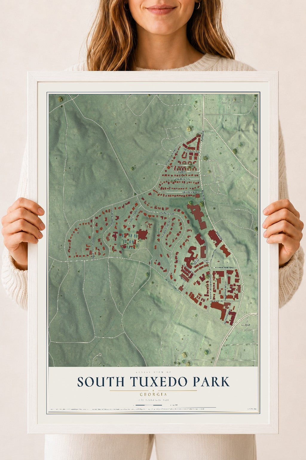 South Tuxedo Park, Georgia map print, 18" x 24" W/ White Ayous Wood Frame mockup