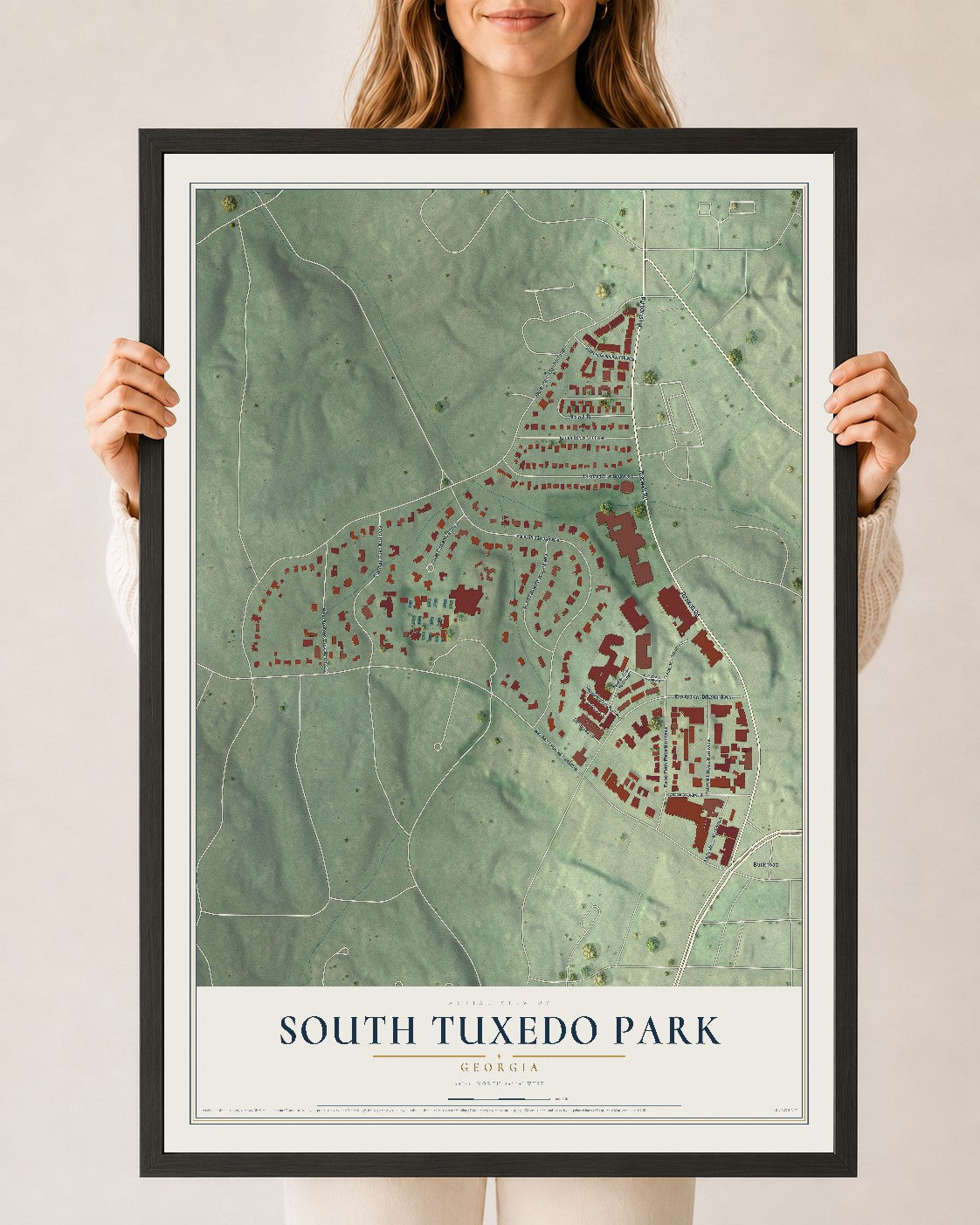 South Tuxedo Park, Georgia map print, 24" x 36" W/ Black Ayous Wood Frame mockup