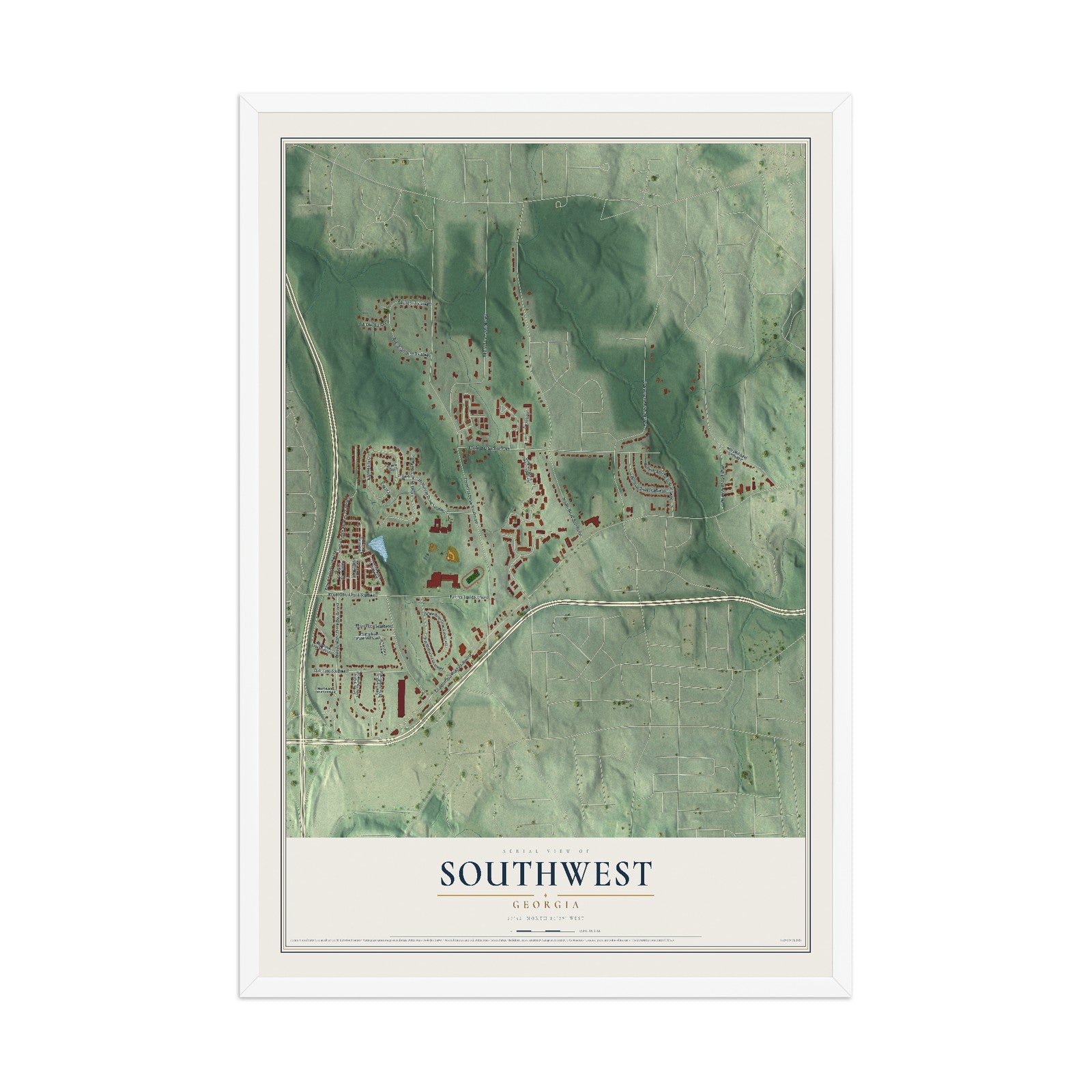 Southwest, Georgia map print, 12" x 18" W/ White Ayous Wood Frame mockup