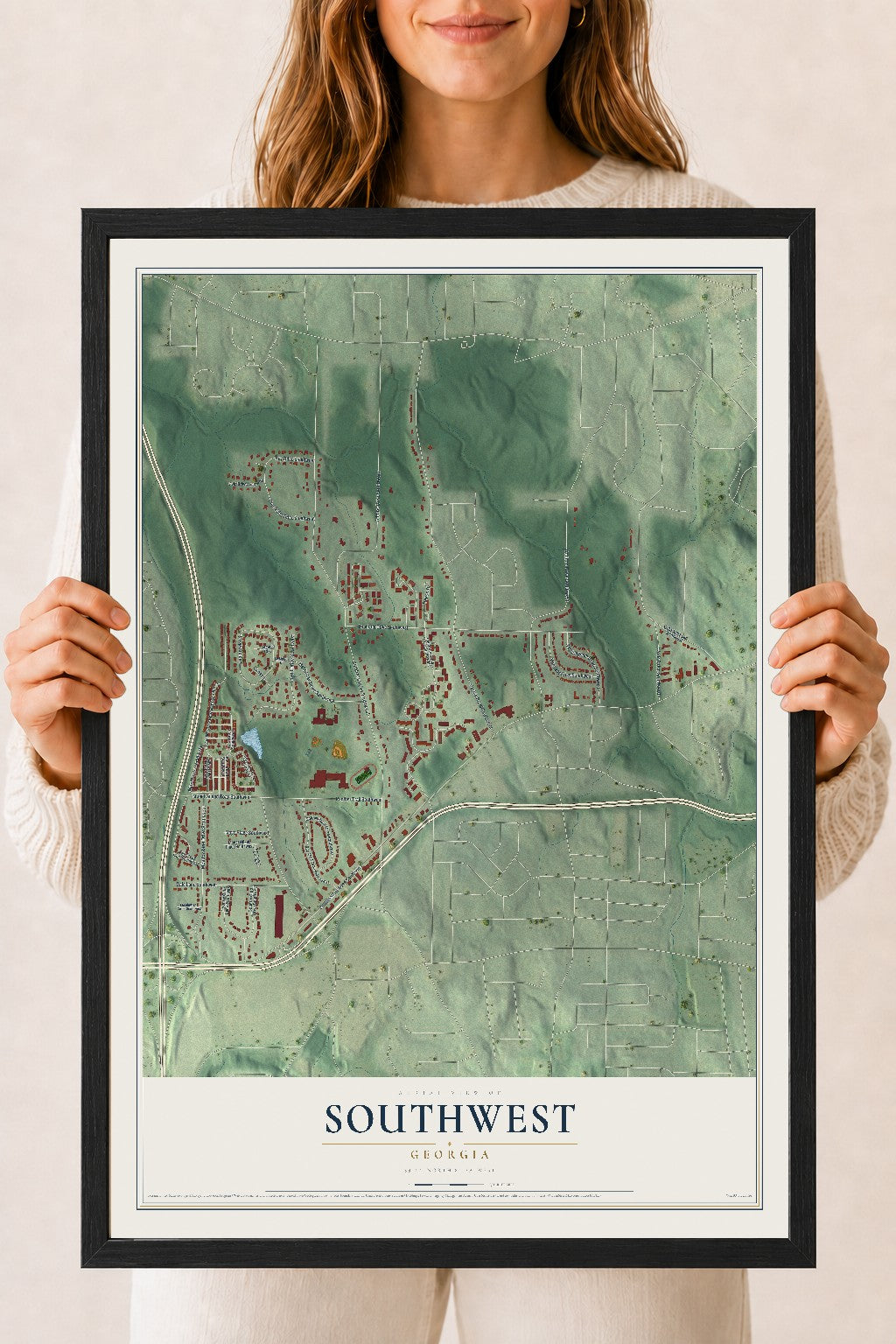 Southwest, Georgia map print, 18" x 24" W/ Black Ayous Wood Frame mockup