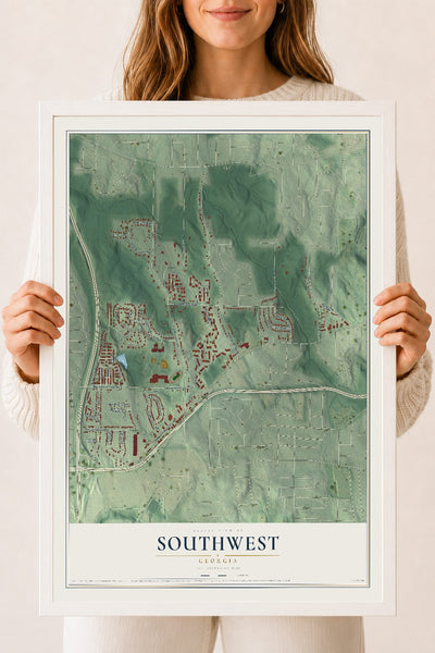 Southwest, Georgia map print, 18" x 24" W/ White Ayous Wood Frame mockup
