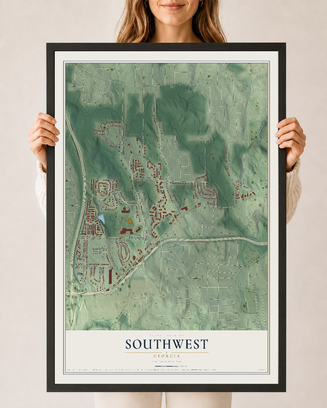 Southwest, Georgia map print, 24" x 36" W/ Black Ayous Wood Frame mockup