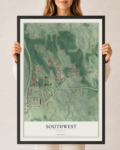 Southwest, Georgia map print, 24" x 36" W/ Black Ayous Wood Frame mockup