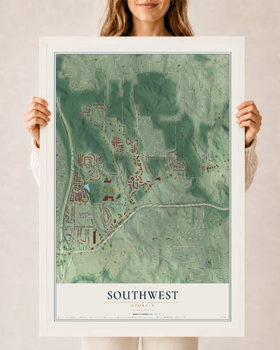 Southwest, Georgia map print, 24" x 36" W/ White Ayous Wood Frame mockup
