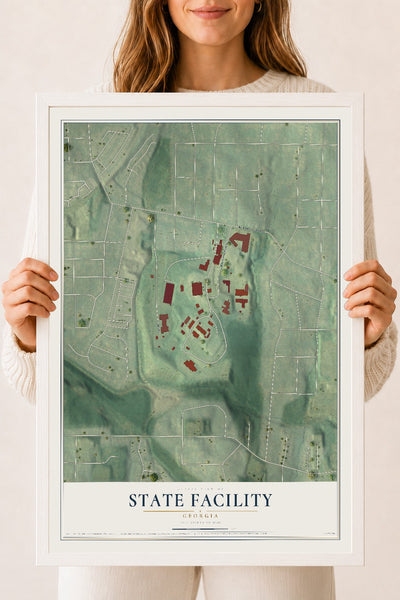 State Facility, Georgia map print, 18" x 24" W/ White Ayous Wood Frame mockup