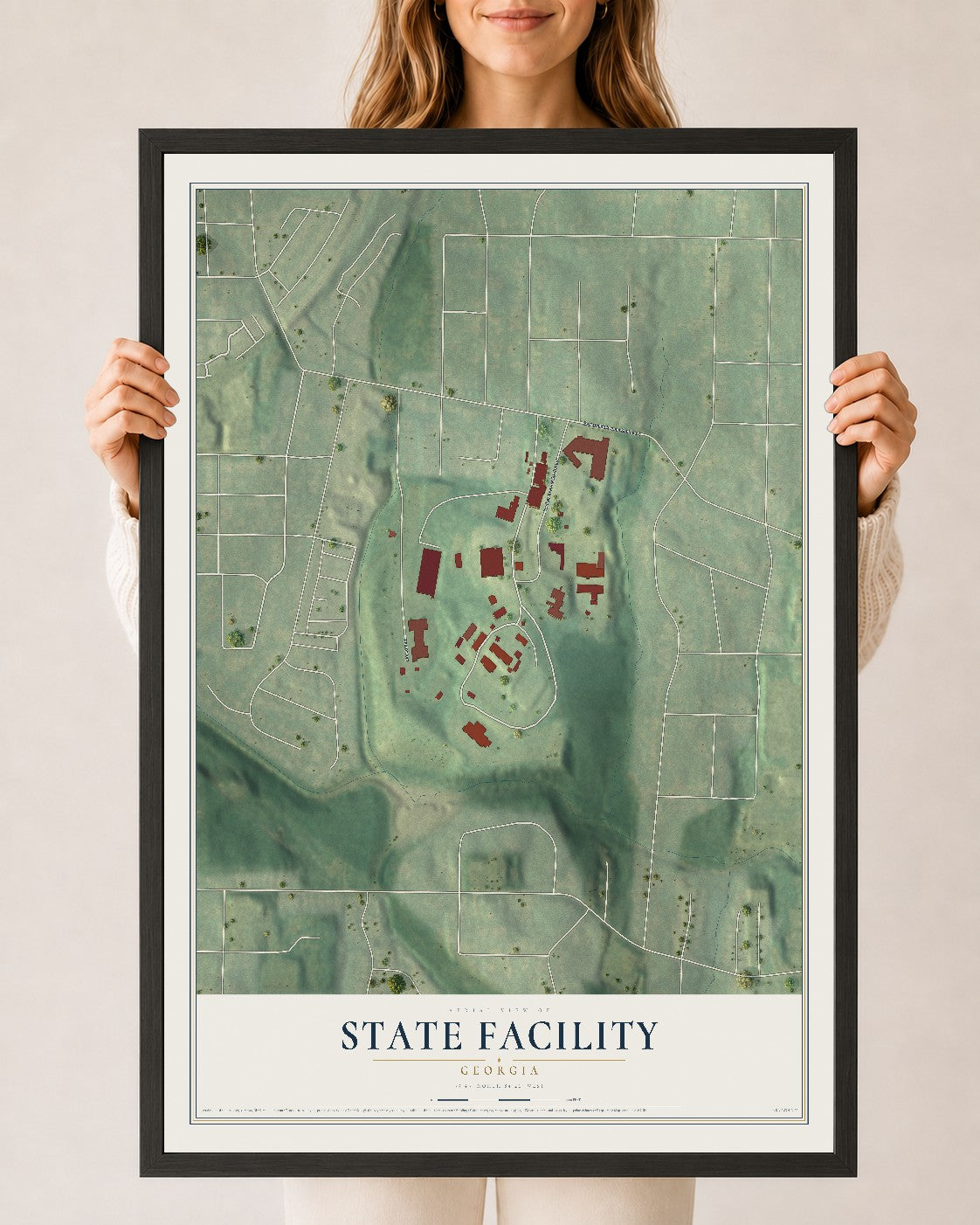 State Facility, Georgia map print, 24" x 36" W/ Black Ayous Wood Frame mockup