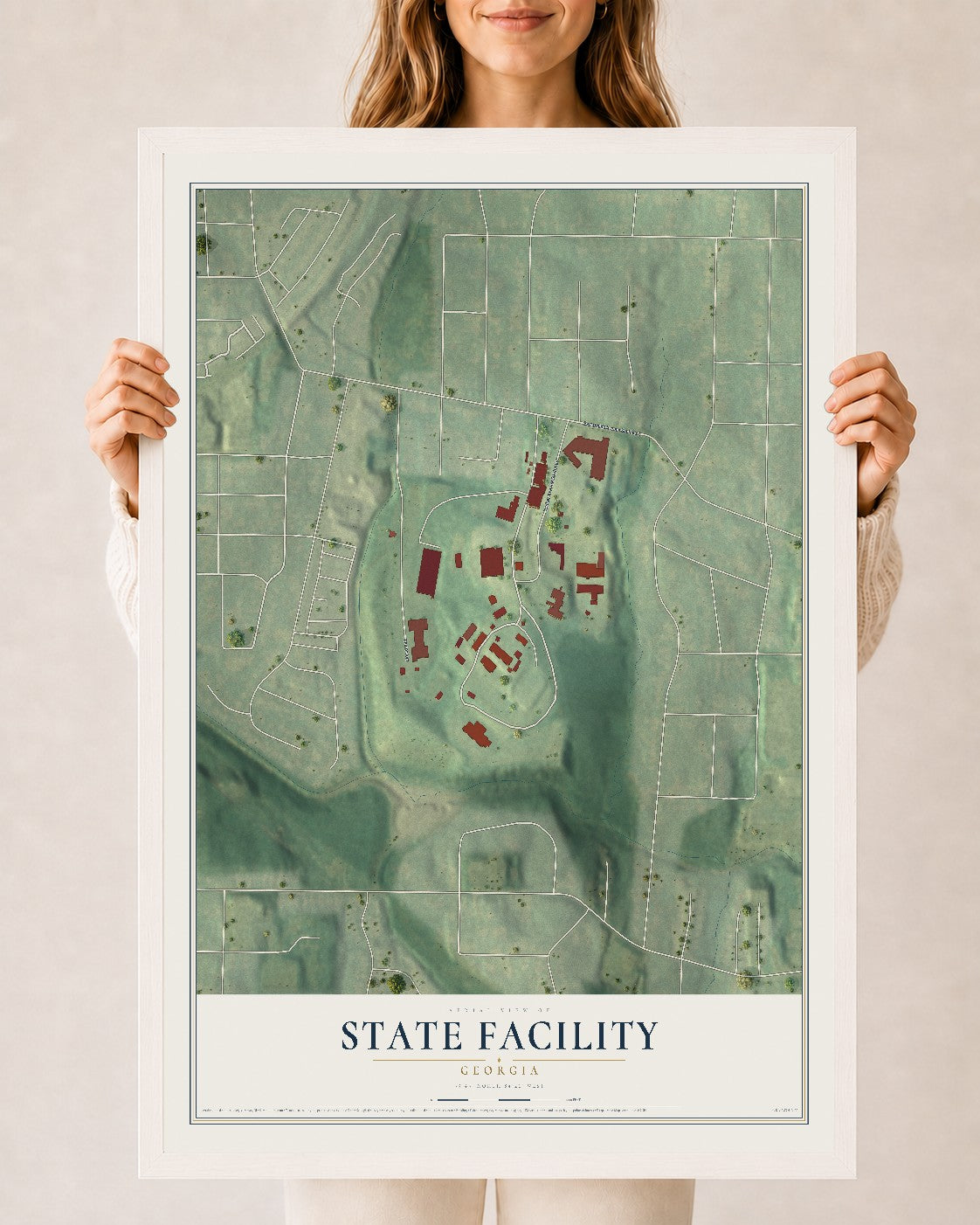 State Facility, Georgia map print, 24" x 36" W/ White Ayous Wood Frame mockup