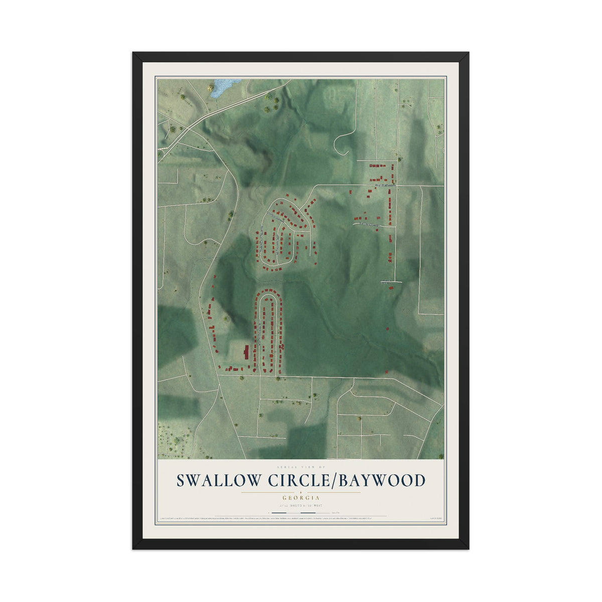 Swallow Circle-Baywood, Georgia map print, 12" x 18" W/ Black Ayous Wood Frame mockup